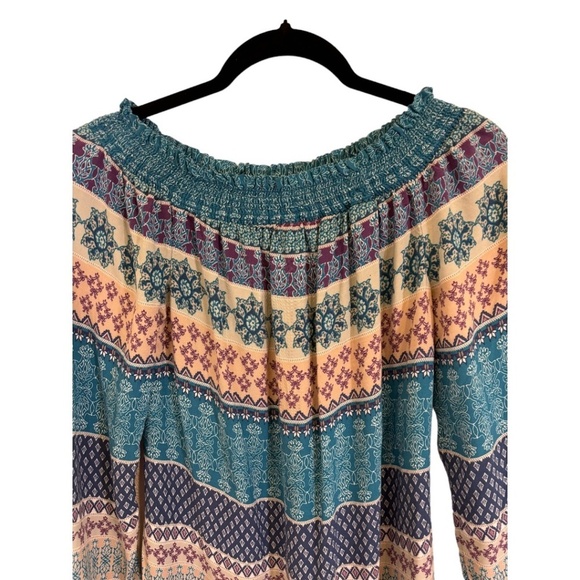 BeachLunchLounge Small Long Sleeve BoHo Floral Shift Mini Dress Smocked Neck - Picture 2 of 3